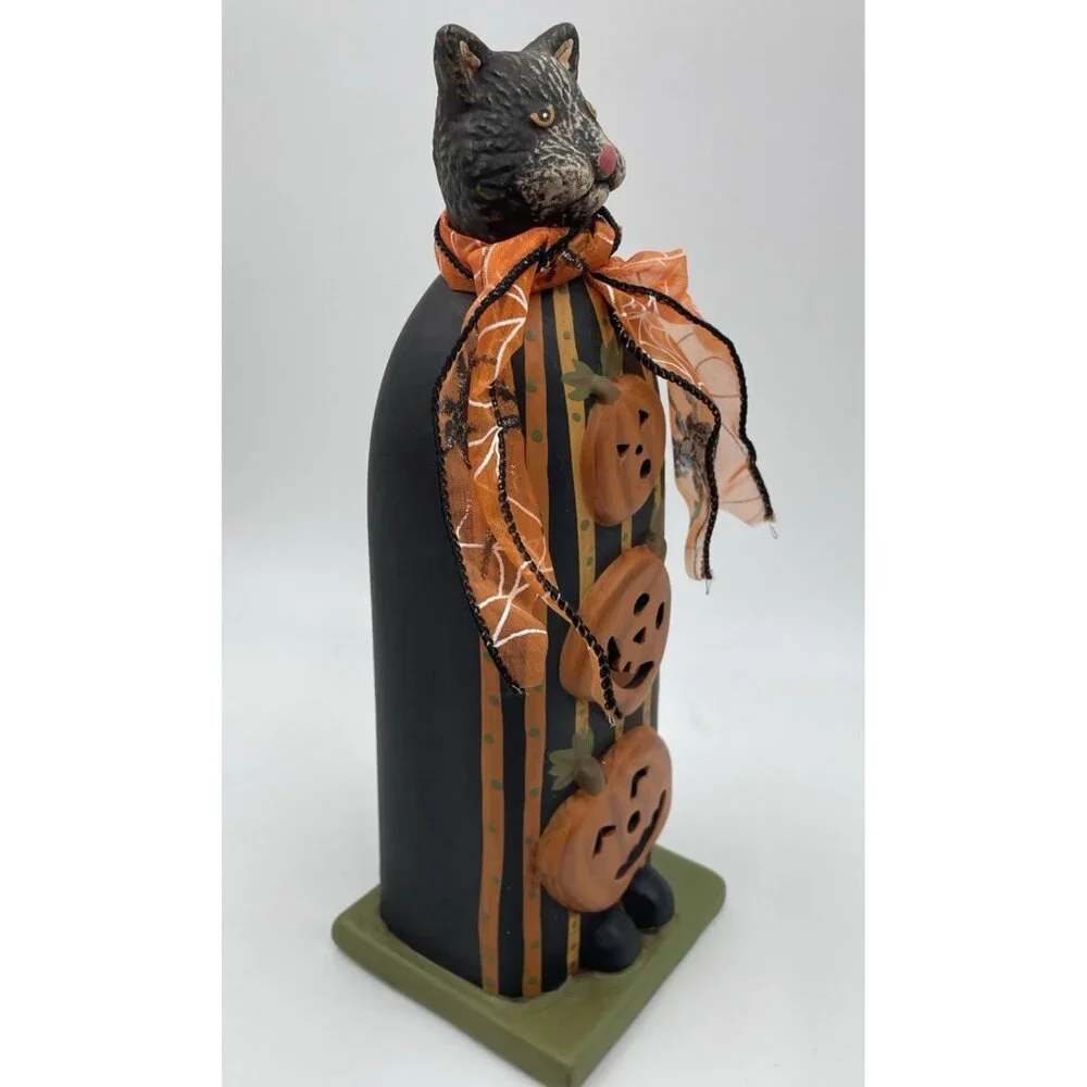 Halloween Black Cat Pumpkin Tea Candle Holder Ceramic Statue Folk Decoration 10" - Picture 3 of 11